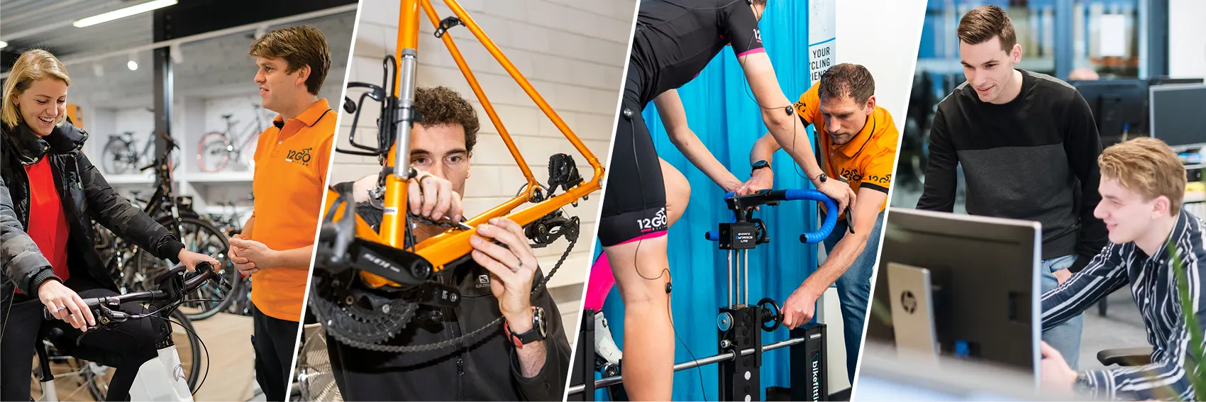 Collega's van 12GO Biking aan het werk in winkel, werkplaats en op kantoor