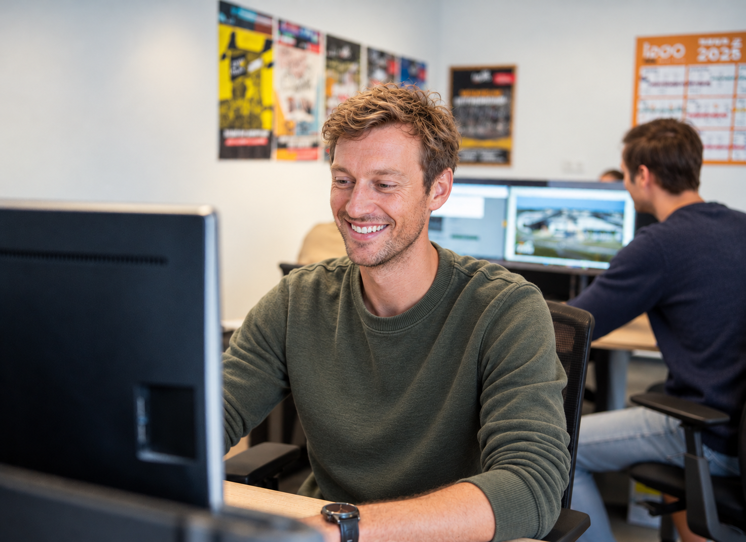 Lachende collega van marketing aan het werk achter zijn computer op het kantoor van 12GO Biking