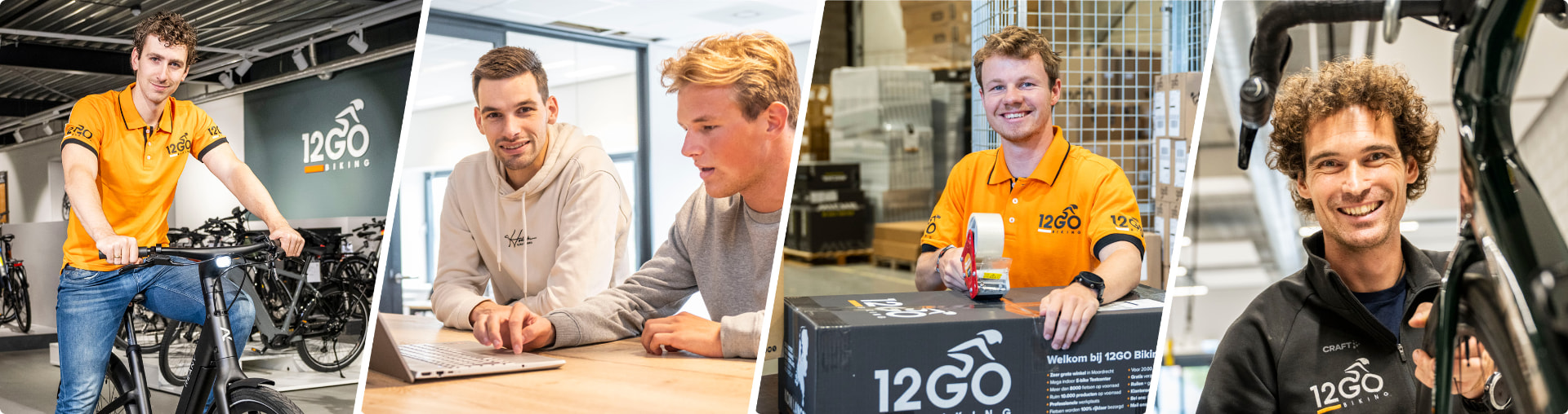 Collega's van 12GO Biking aan het werk in de showroom, op kantoor, in het magazijn en in de werkplaats